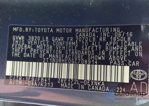2016 Toyota Corolla Le from USA, damaged, VIN 2T1BURHE0GC708914